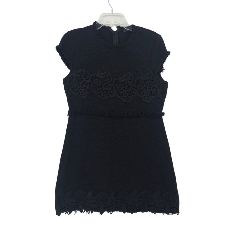 Zara Woman Dress Womens XL Black Tweed Lace Applique Frayed Trim Mini LBD - Picture 2 of 10